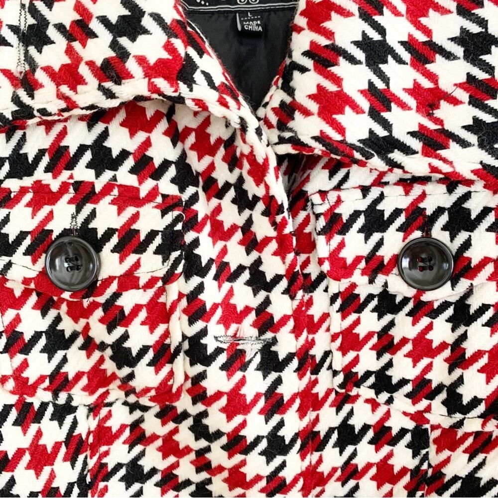 Last Kiss Vintage 90's Red Black Houndstooth Double Breasted Pea Coat Large - Picture 5 of 9